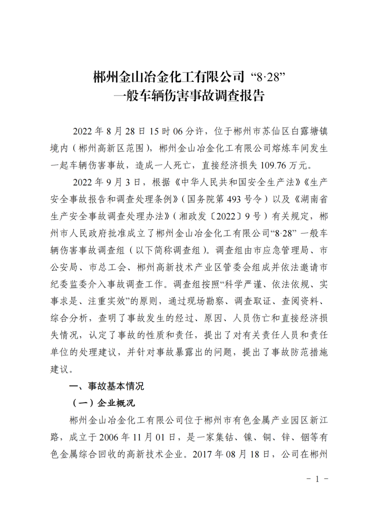 郴州金山冶金化工有限公司“8·28”一般车辆伤害事故调查报告